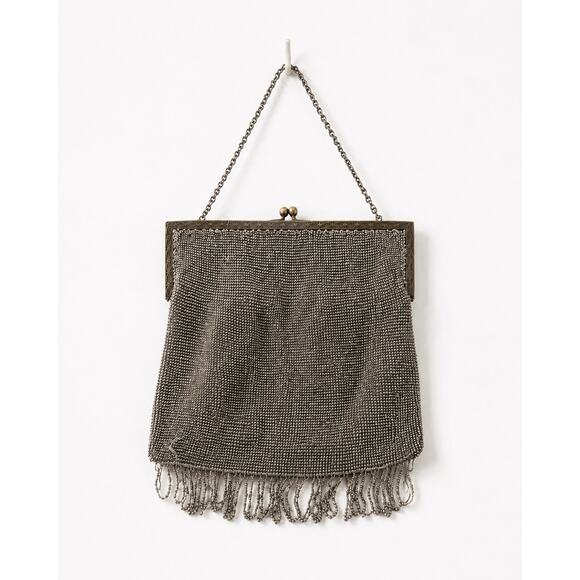 Unbranded Handbags - Antique Art Deco Silver Tone Mesh Evening Purse Beaded Fringe Chain Handle 1920s
